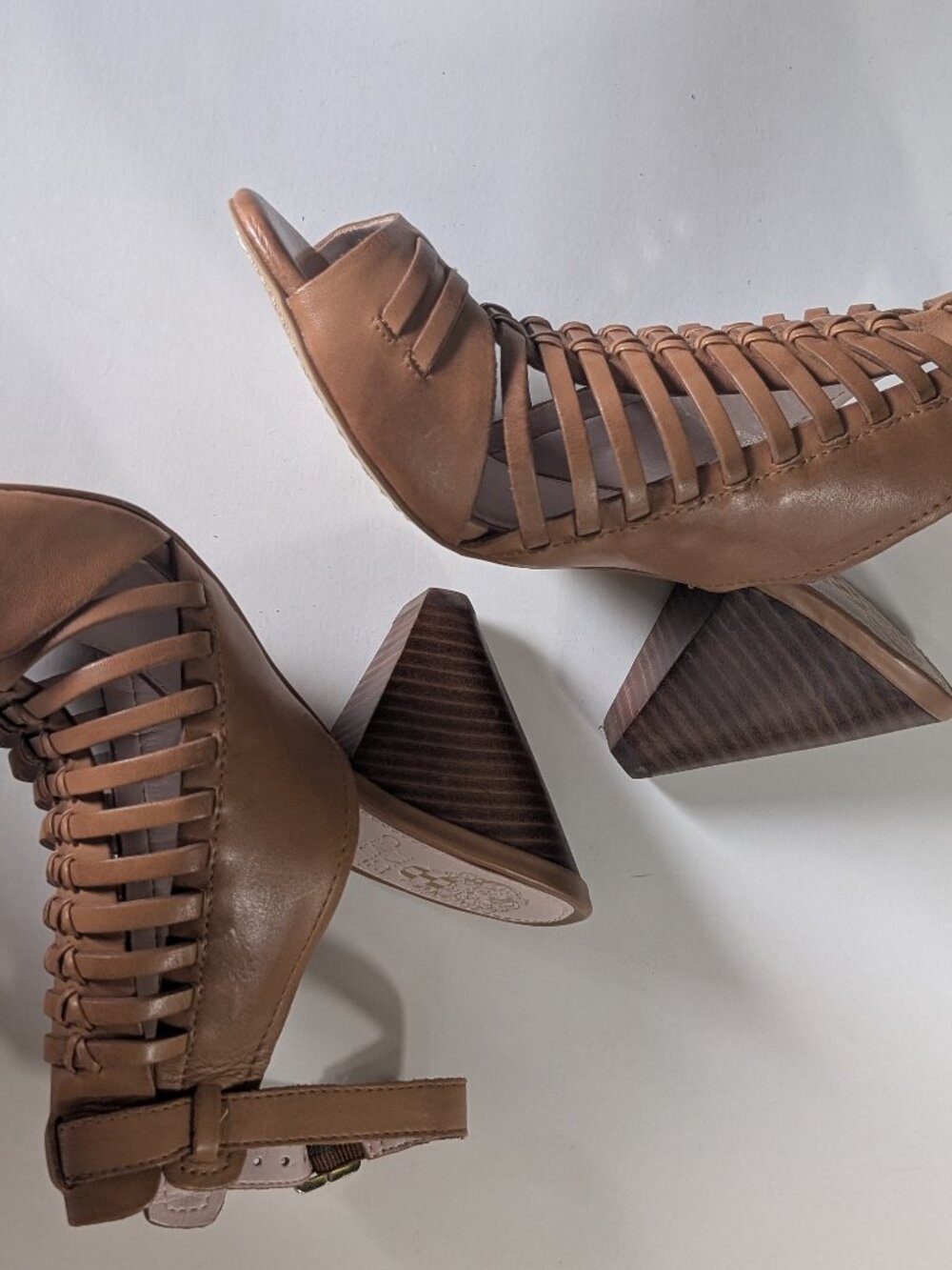 Vince Camuto Effel Gladiator Cage Sandals Tan Leather Cone Heel Spring Boho 7W - Picture 3 of 5